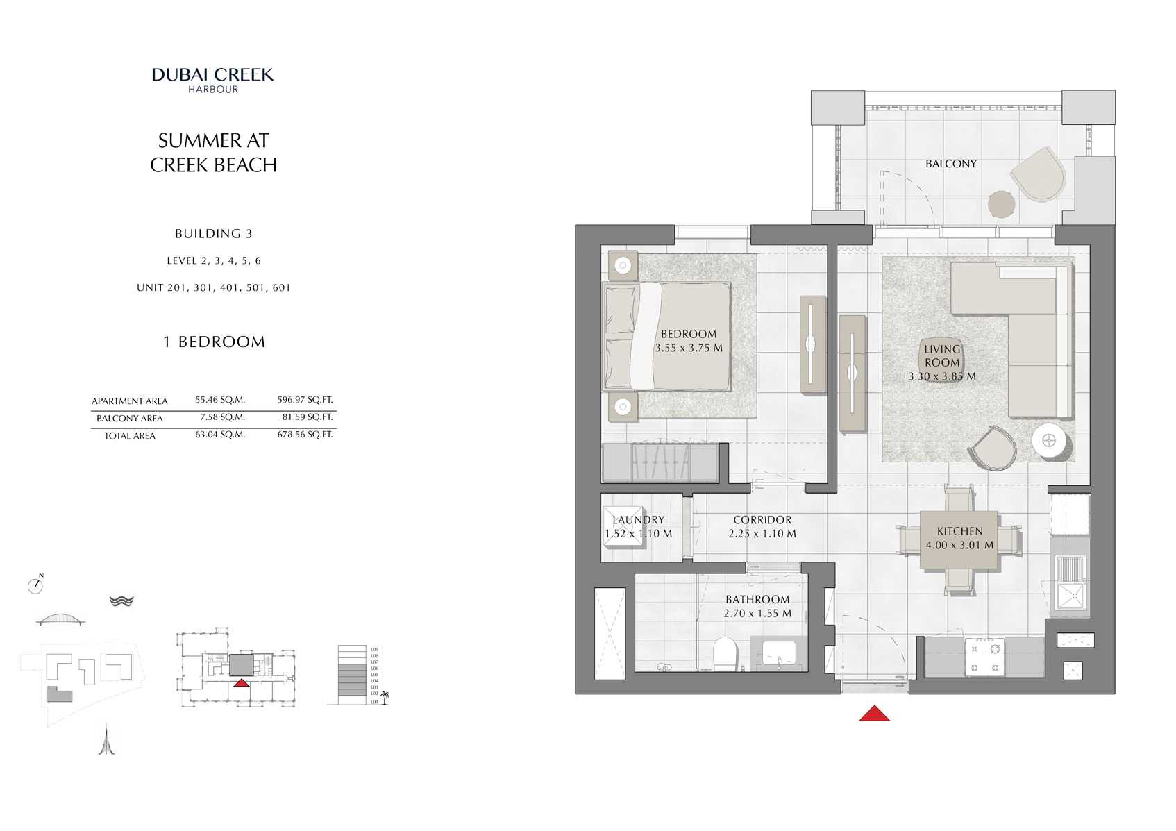 1 Br Building 3 Level-2-3-4-5-6 Unit-201-301-401-501-601, Size 678 Sq Ft